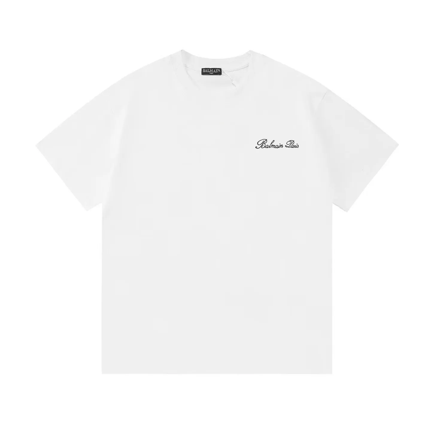 BALMAIN 2026New Arrival Imported machine high-density signature embroidered letter logo Men's and women's Same Style short-sleeved T-shirt Customized weight 100% double yarn pure cotton fabric 32-count double-strand thread dyeing Collar label hangtag main mark three complete labels Color: White Size: XS S M L
